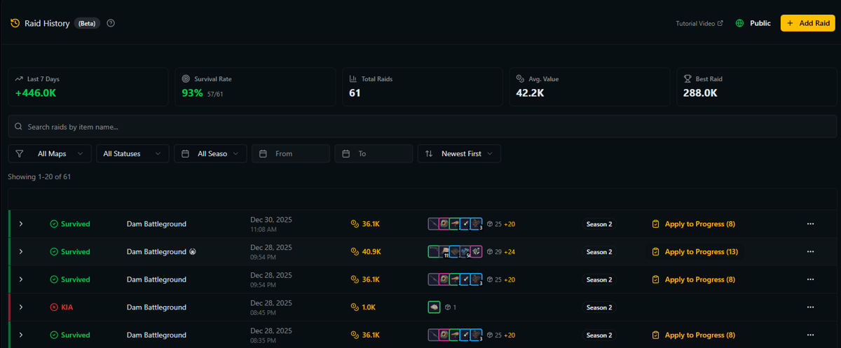 Raid History ARC Raiders ARCTracker io