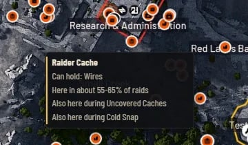 O mapa Campos de Batalha da Barragem em ARC Raiders com os marcadores do ARC Tracker e seu painel de marcadores do mapa. Um cartão de Saque de Invasor lê: Pode conter: Fios. Presente em cerca de 55-65% das incursões.
