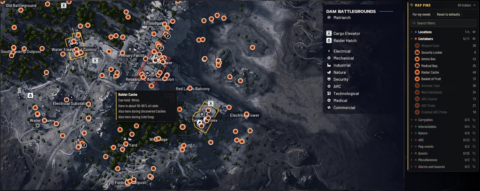 O mapa Campos de Batalha da Barragem em ARC Raiders com os marcadores do ARC Tracker e seu painel de marcadores do mapa. Um cartão de Saque de Invasor lê: Pode conter: Fios. Presente em cerca de 55-65% das incursões.